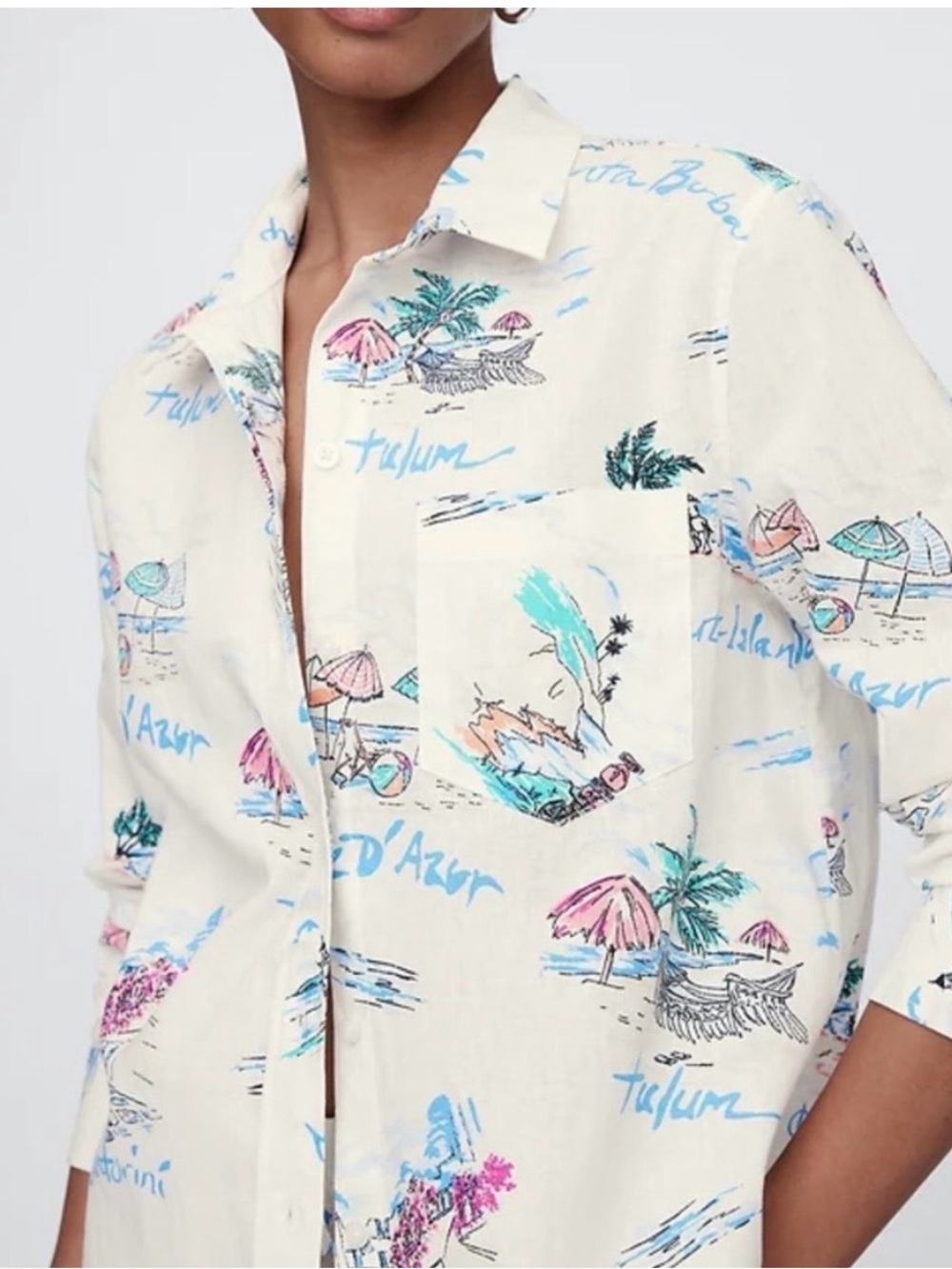 GAP The Easy Shirt Tropical Island Button Down Long Sleeves Linen Woman's M New